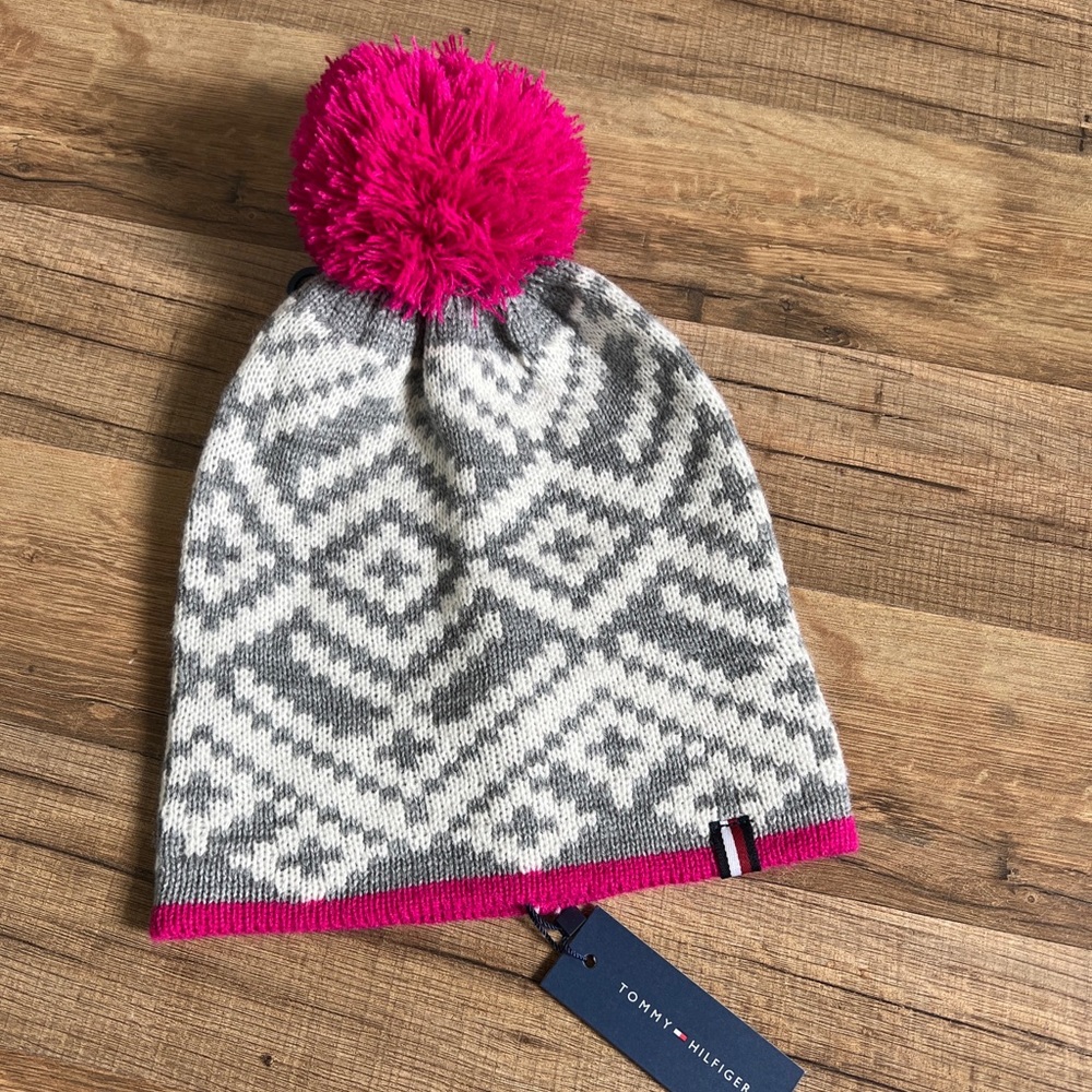 Tommy Hilfiger Ladies Knit Pom Pom Striped Knit Beanie Pink Gray White